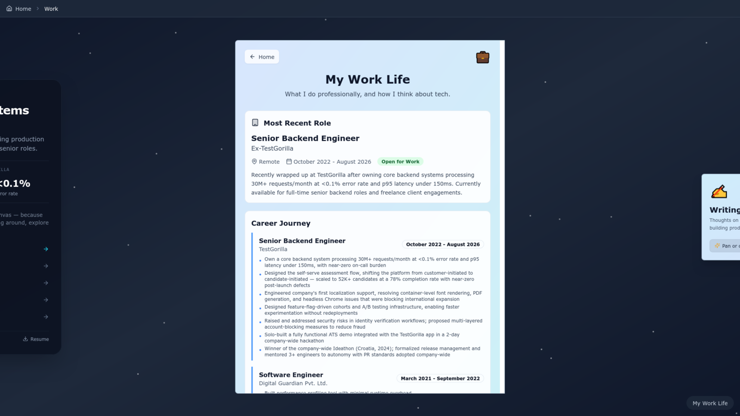 Expanded Work section centered on navigation